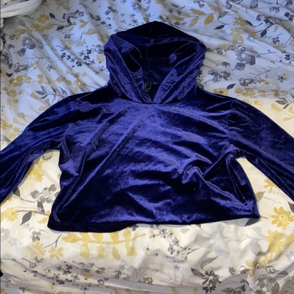 A royal blue velvet cropped hoodie.